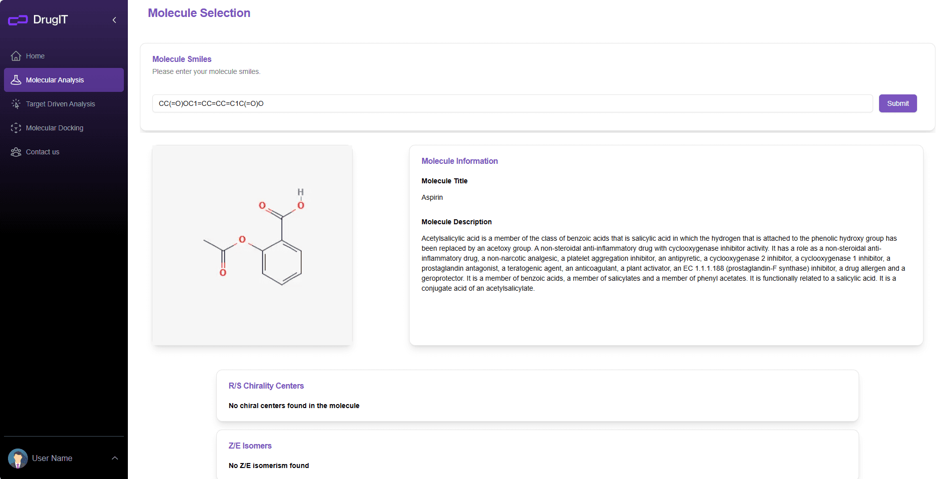 Screenshot of an analysis in DrugIT